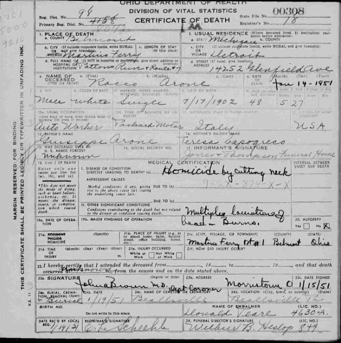Rocco Arone death cert